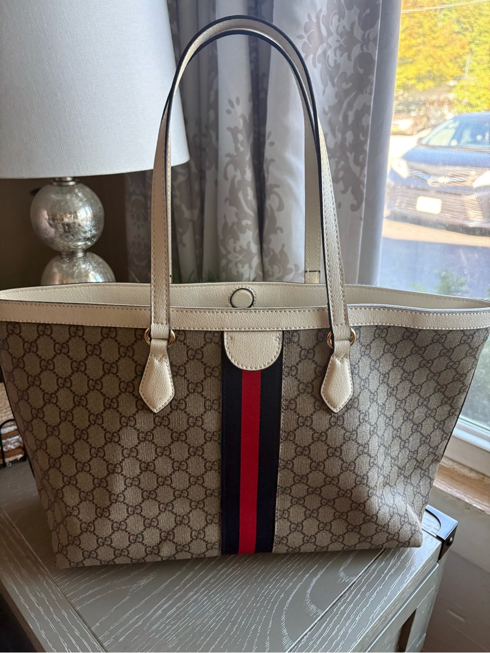 FASHION Beige Supreme Tote with Red & Blue Web Stripe and Cream Trim - Picture 3 of 10